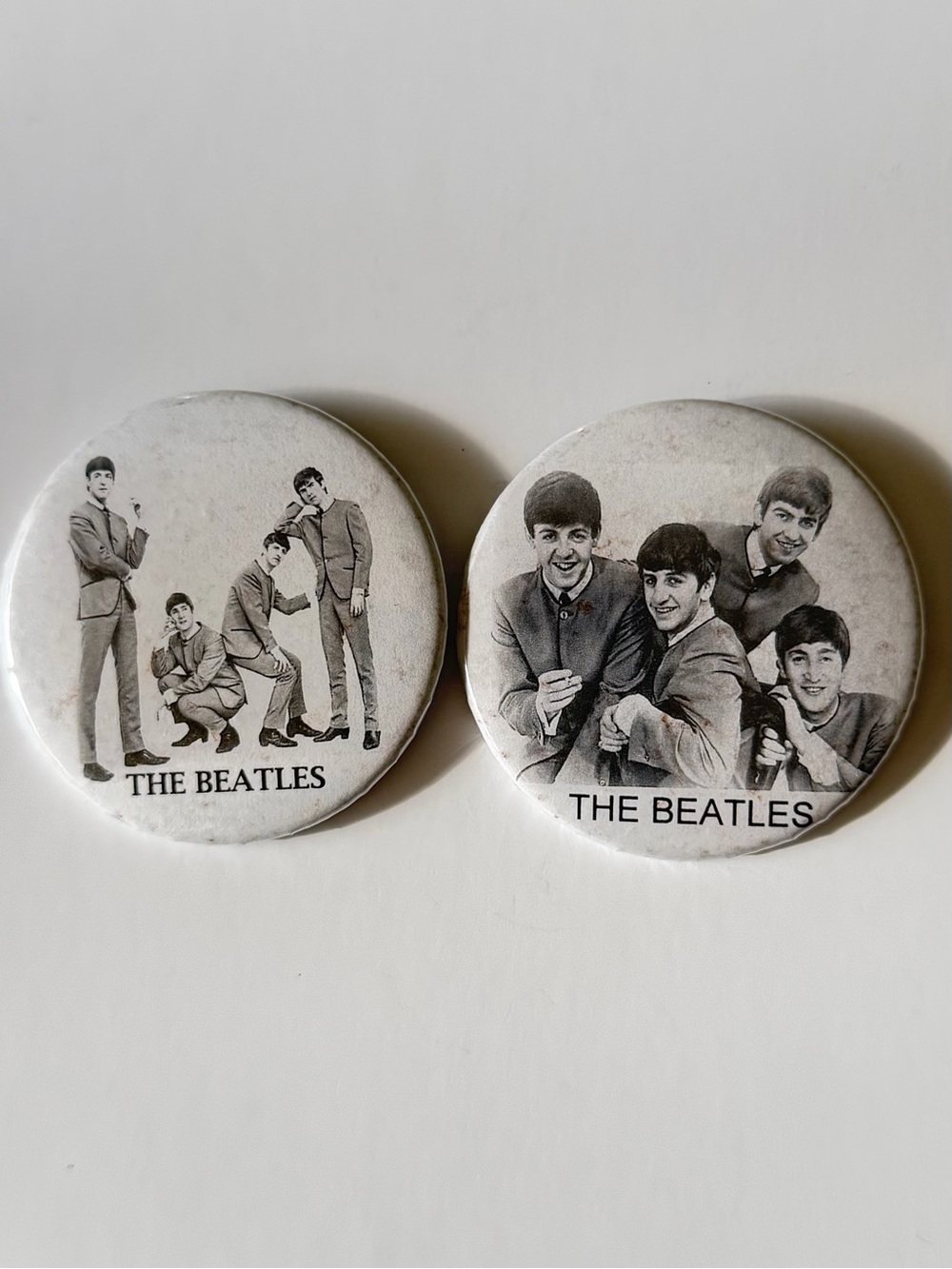 Vintage Beatles Pinback Buttons Black White Group Photo Lot of 2